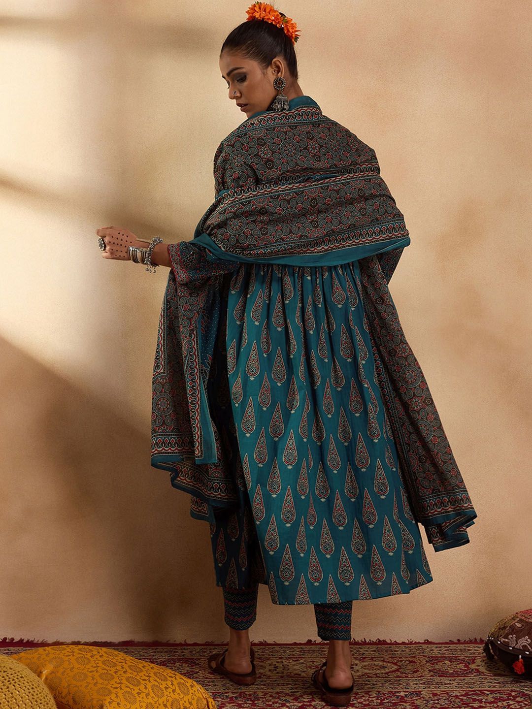 Dhiyona IE Floral Printed Empire Pure Cotton A-Line Kurta with Trousers & Dupatta