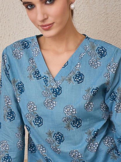 Dhiyona IE Floral Printed Pure Cotton V-Neck Straight Kurta With Trousers