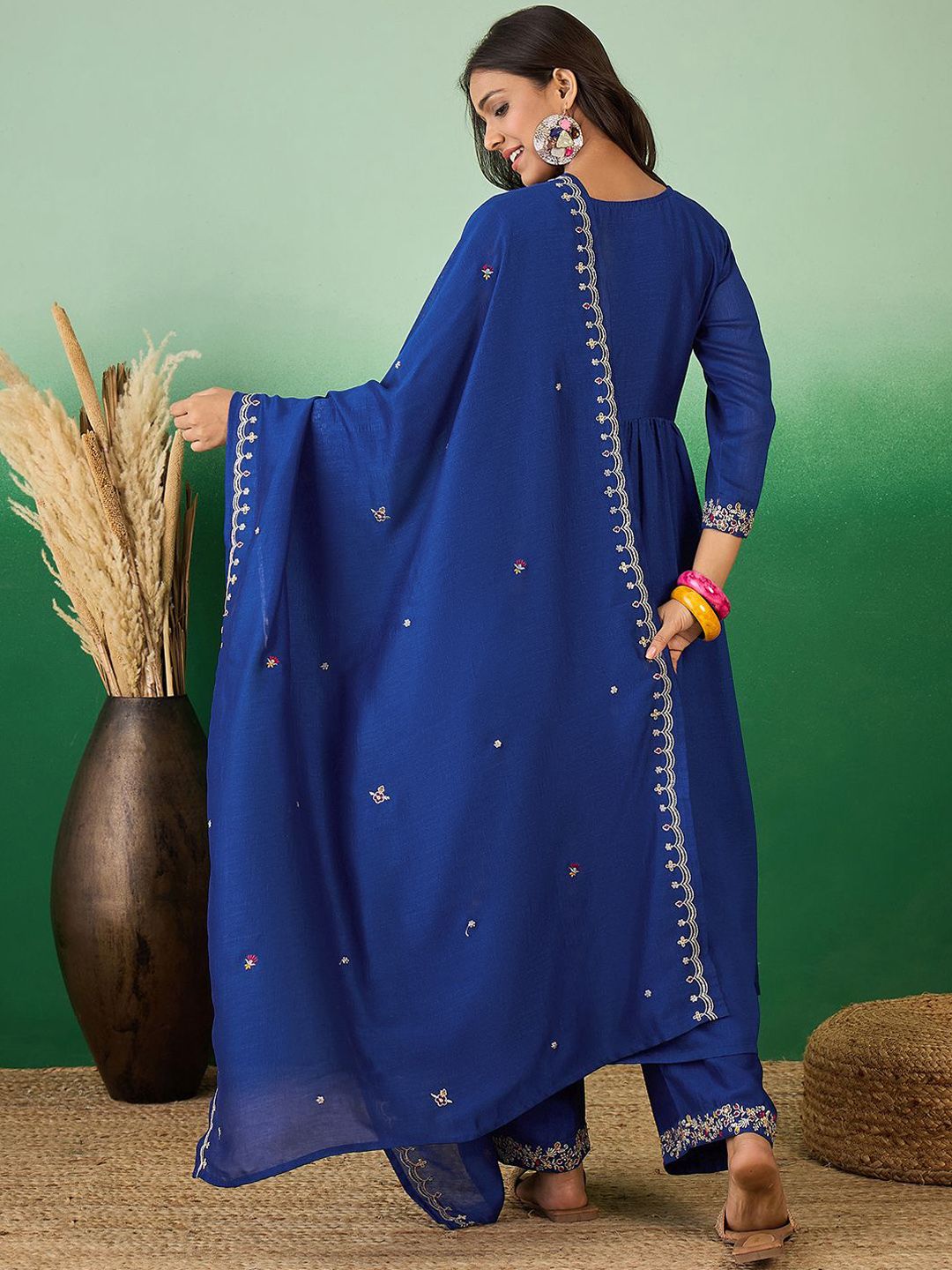 Dhiyona SN Women's Floral Embroidered A-Line Kurta With Palazzo & Dupatta