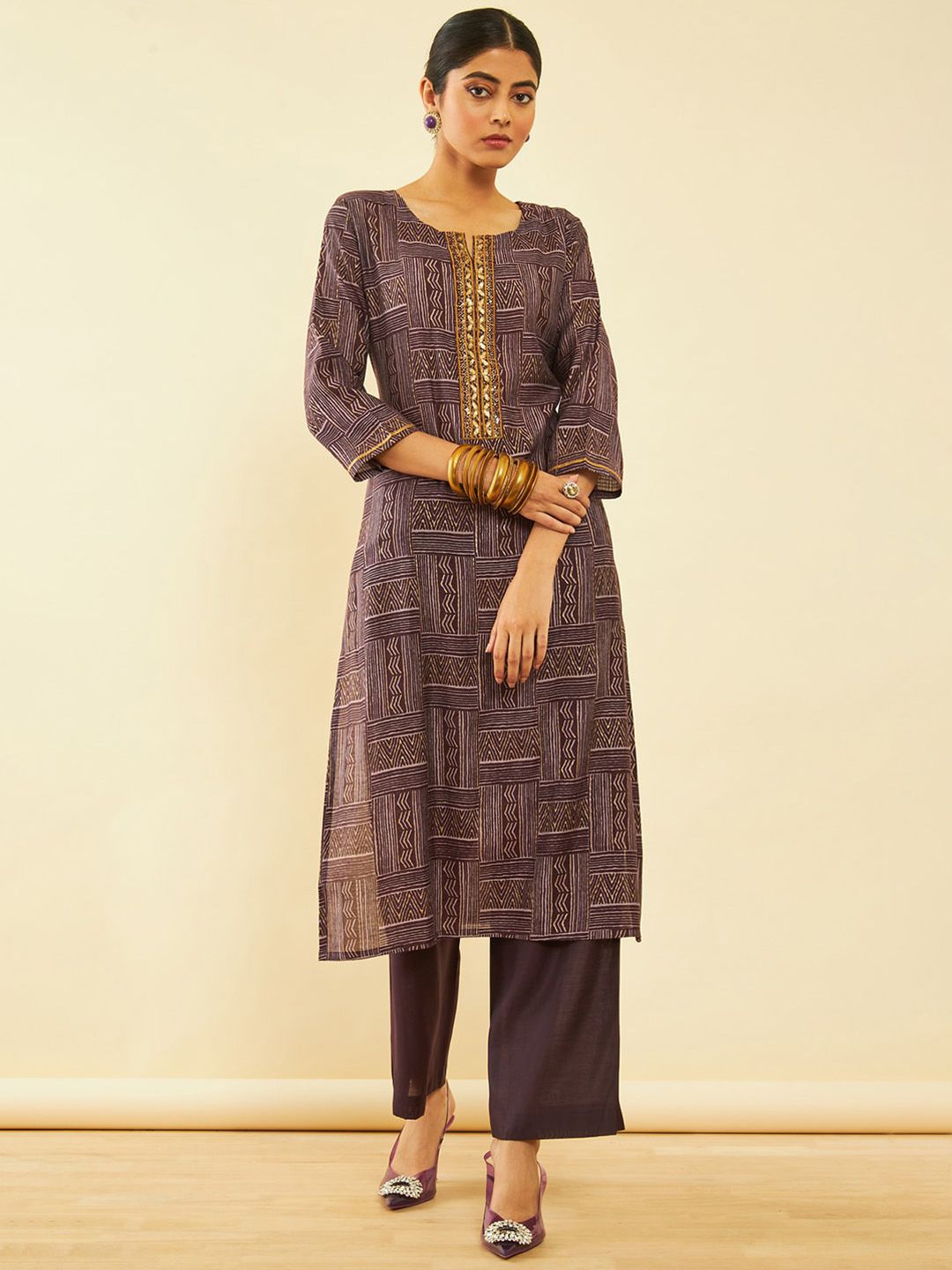 Dhiyona SO Women's Purple Geometric Printed Straight Kurta & Palazzos With Dupatta