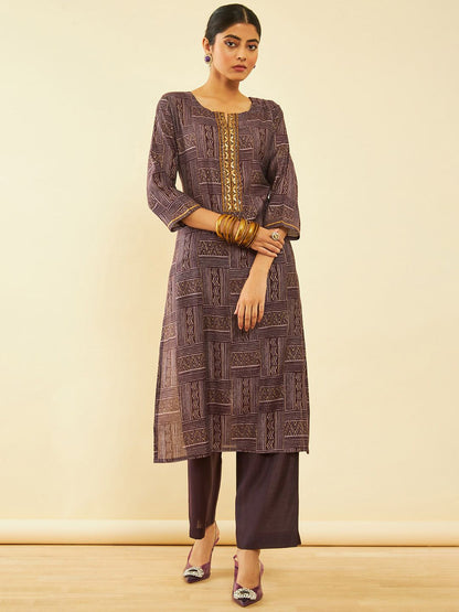 Dhiyona SO Women's Purple Geometric Printed Straight Kurta & Palazzos With Dupatta