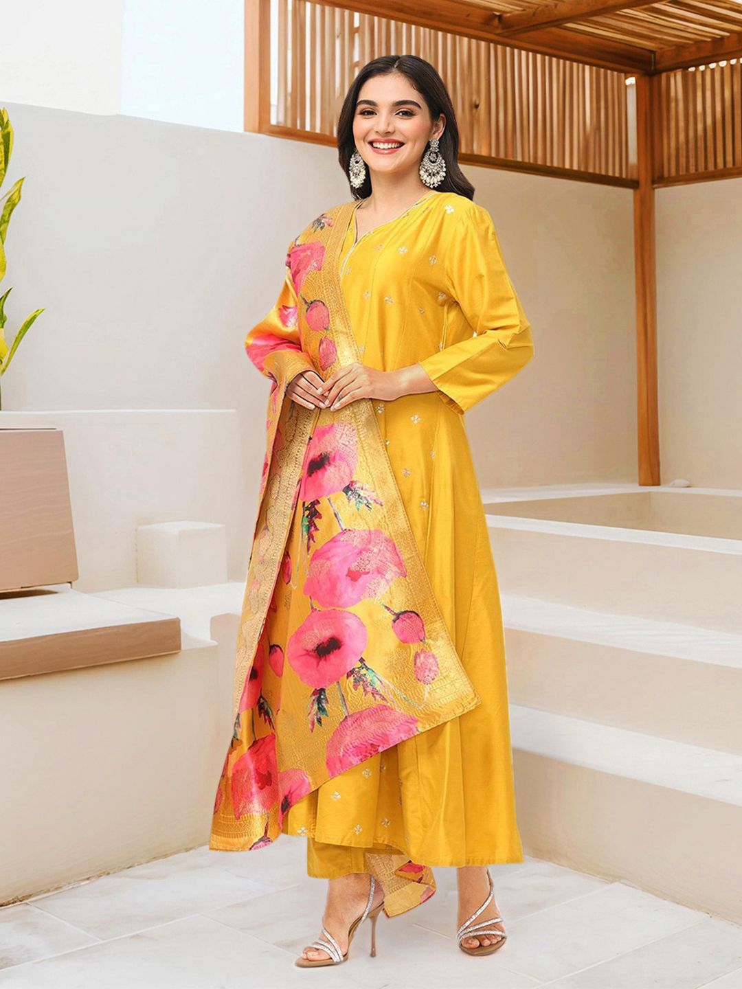 Dhiyona IS Women's Yellow Embroidered Sequinned Silk Crepe Anarkali Kurta With Trousers & Dupatta