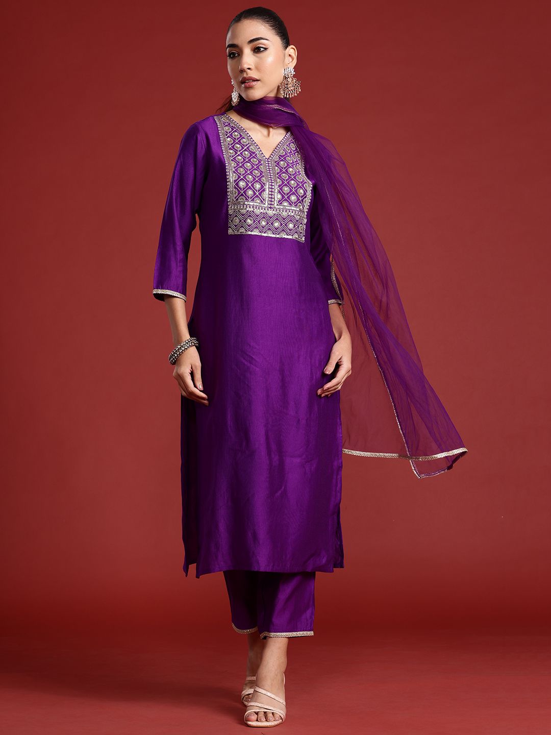 Ethnic Motifs Yoke Design Sequinned Liva Kurta With Trousers & Dupatta