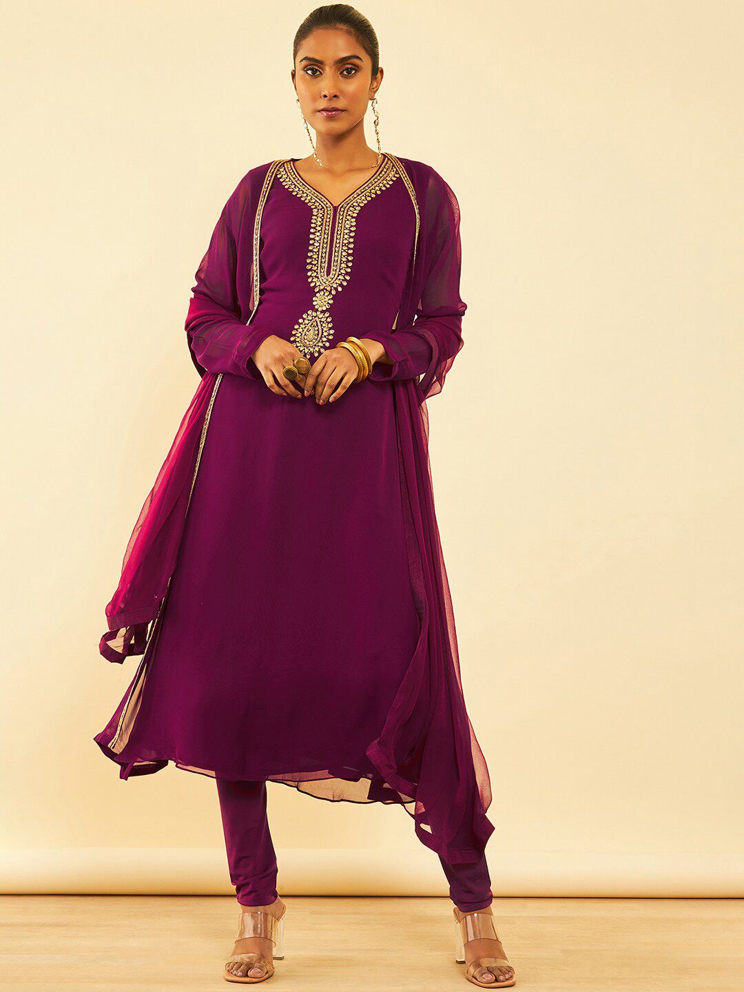 Dhiyona SO Women's Magenta Embroidered Regular Beads and Stones Kurta with Churidar & Dupatta