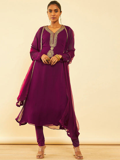 Dhiyona SO Women's Magenta Embroidered Regular Beads and Stones Kurta with Churidar & Dupatta