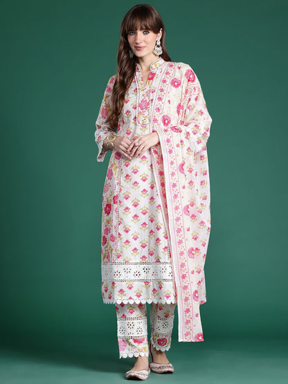 Floral Embroidered Pure Cotton Kurta with Trousers & Dupatta