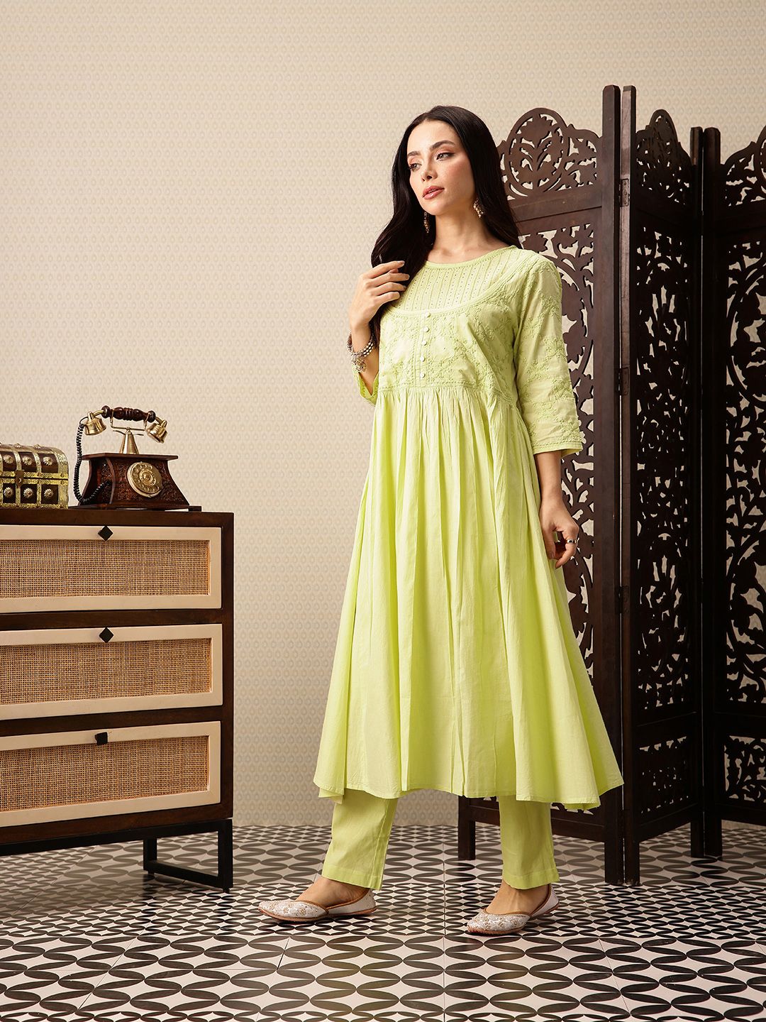 Dhiyona PD Women Floral Embroidered Pure Cotton Jashn A-Line Kurta with Trousers & Dupatta