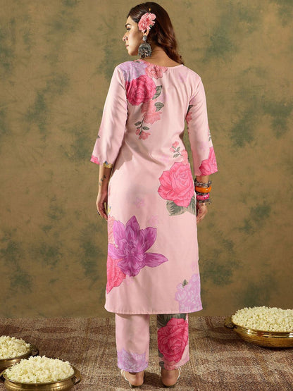 Dhiyona IE Floral Printed V-Neck Straight Kurta with Trousers