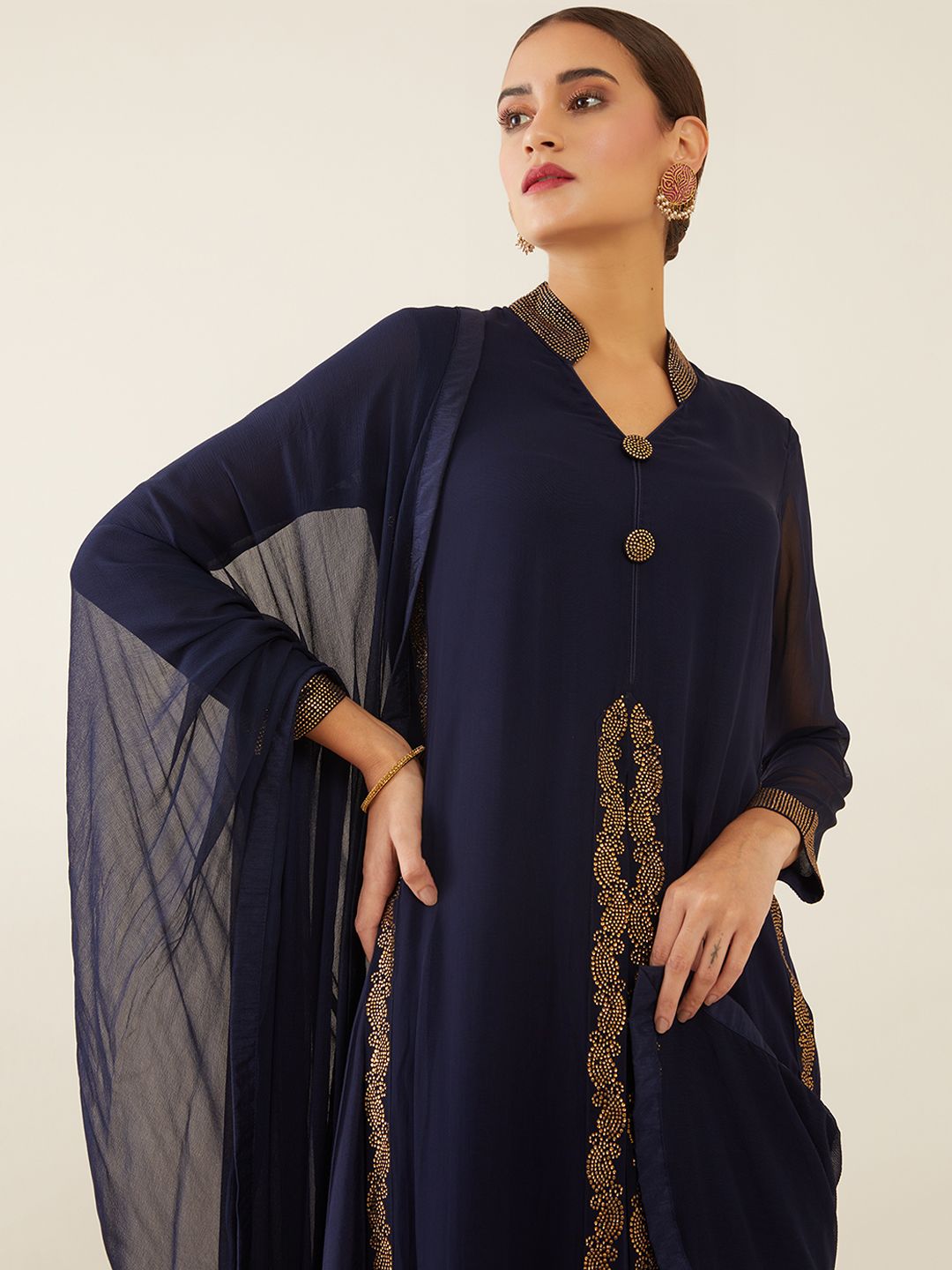 Dhiyona SO Women's Women Navy Blue Embellished Layered Silk Georgette Kurta with Churidar & Dupatta