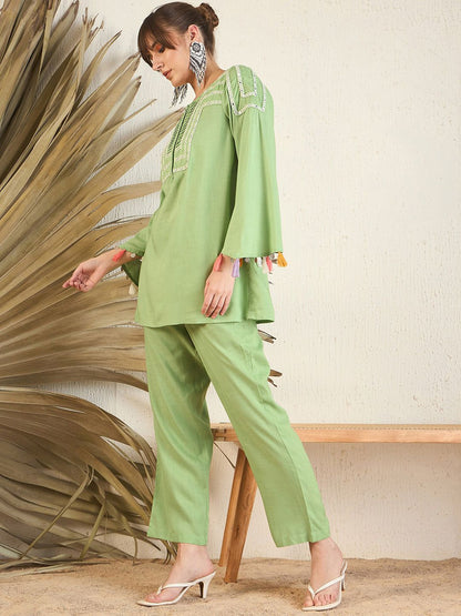 Dhiyona IE Embroidered Flared Sleeve Top With Trouser