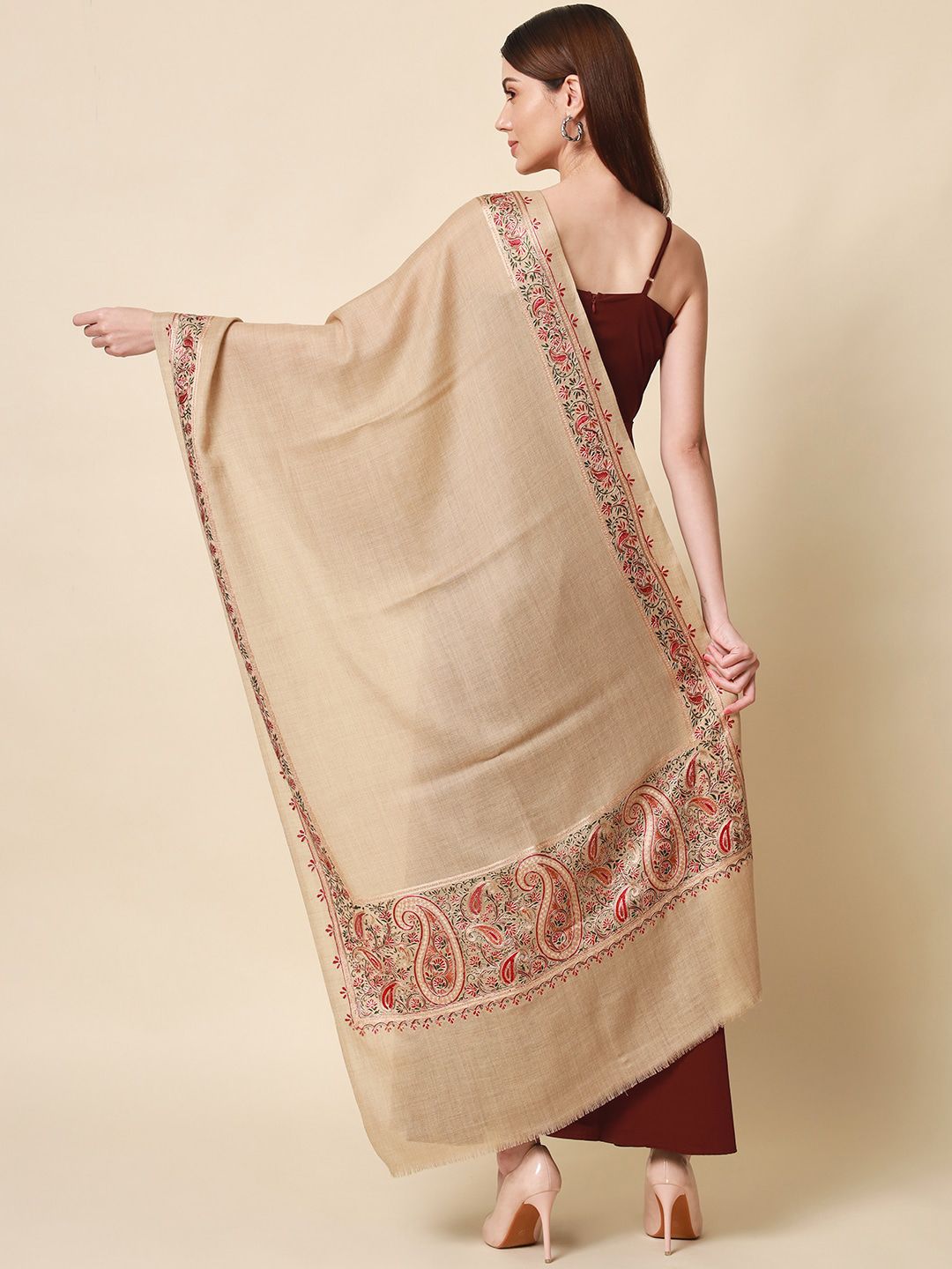 Dhiyona PA Women Beige Embroidered Pure Wool Shawl