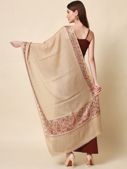Dhiyona PA Women Beige Embroidered Pure Wool Shawl