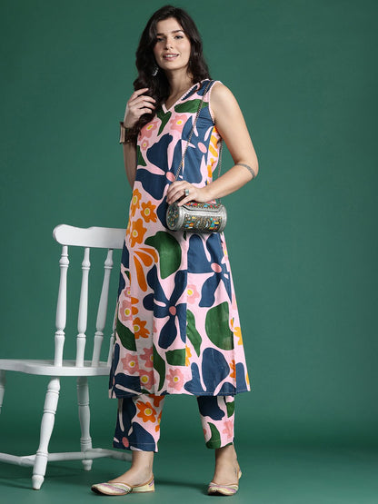Floral Printed Panelled Pure Cotton Kurta with Trousers