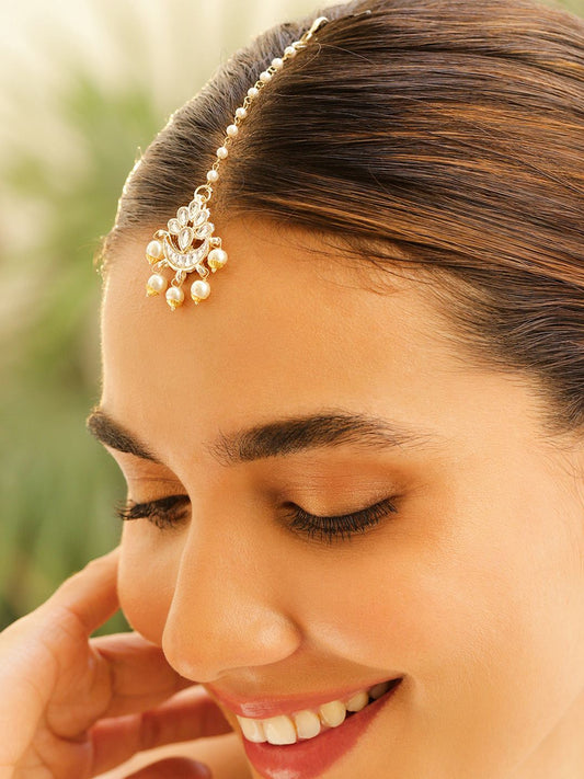Dhiyona RJ Women's Off-White 24K Gold-Plated Kundan Studded & Beaded Handcrafted Maang Tikka