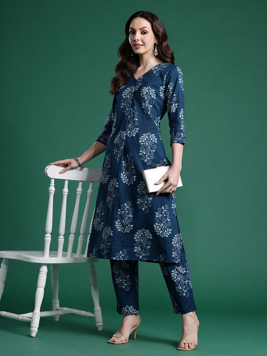 Dhiyona IE Women Floral Printed Regular Pure Cotton Kurta with Trousers