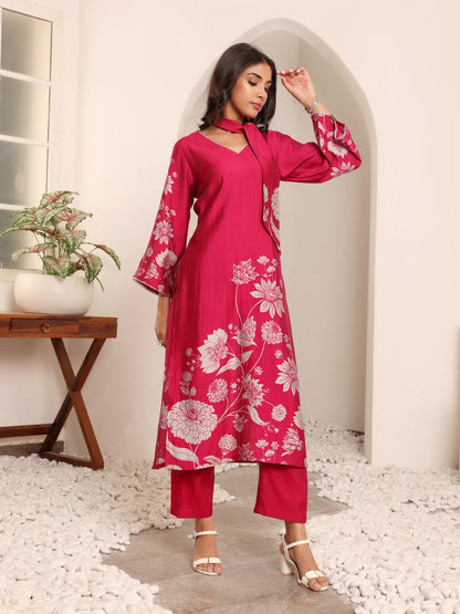 Dhiyona VA Women'sFloral Printed V-Neck Chanderi Silk A-line Kurta with Trousers