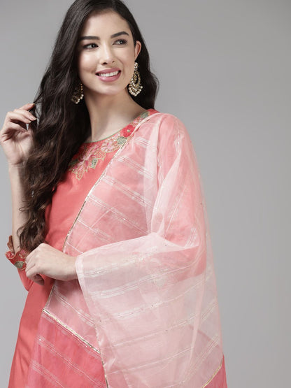 Dhiyona IE Women Pink Ethnic Motifs Embroidered Sequinned Kurta with Palazzos & With Dupatta