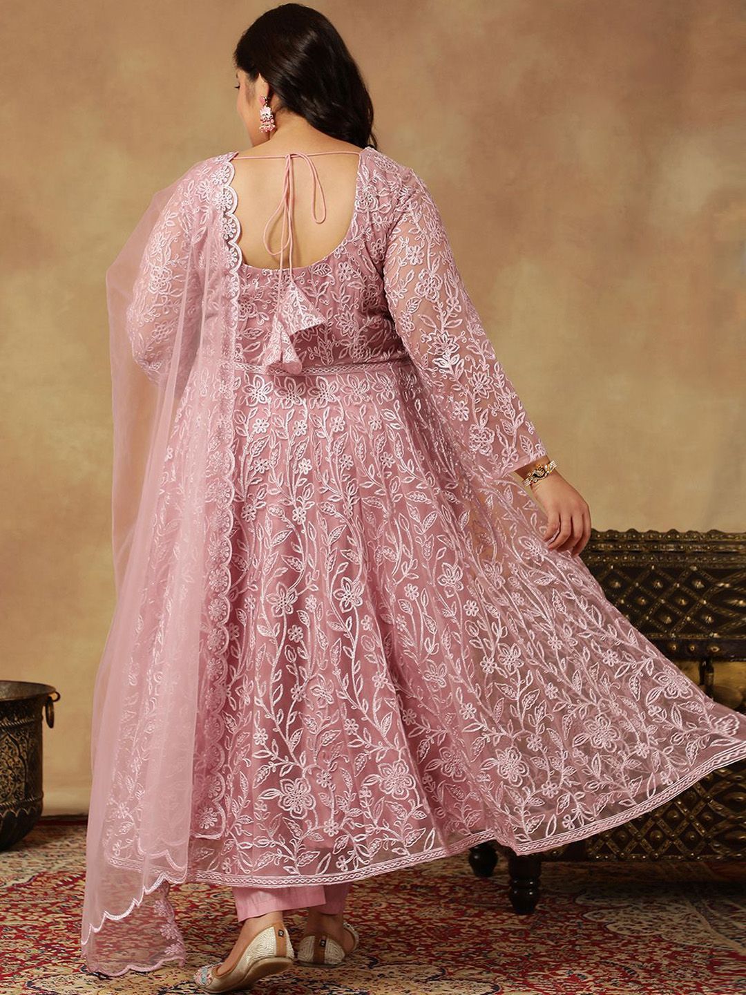 Dhiyona IN Floral Embroidered Regular Thread Work Anarkali Kurta With Trousers & Dupatta