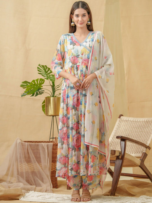 Dhiyona IS Women's V-Neck Floral Printed Angrakha Kurta with Palazzos & Dupatta