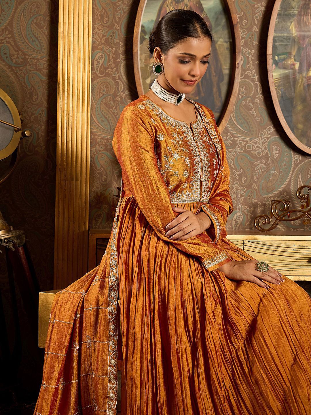 Dhiyona IE Floral Yoke Design Pleated Thread Work Anarkali Kurta With Trousers & Dupatta