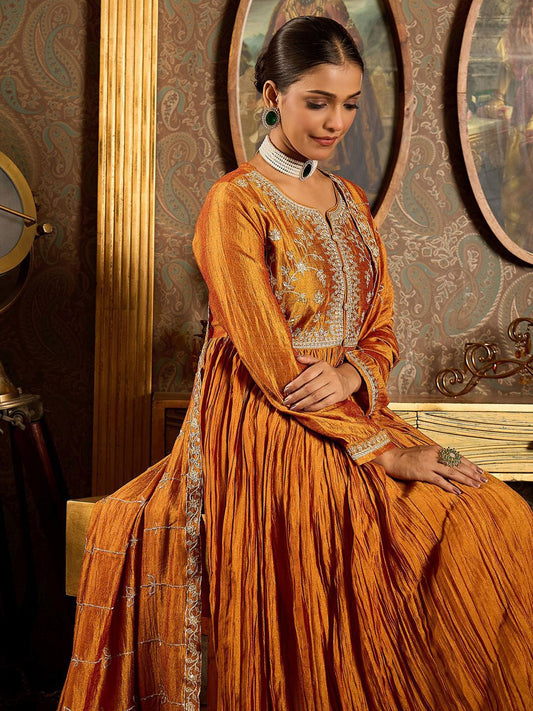 Floral Yoke Design Pleated Thread Work Anarkali Kurta With Trousers & Dupatta