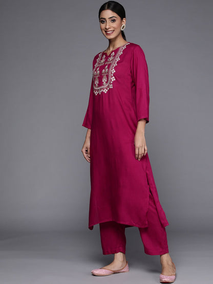 Dhiyona VA Women's Maroon Yoke Design Mirror Work Kurta with Trousers & Dupatta