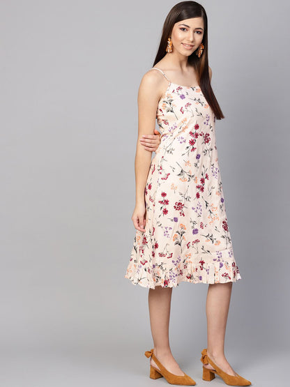 Dhiyona AY Women's Peach-Coloured & Purple Floral Printed A-Line Dress