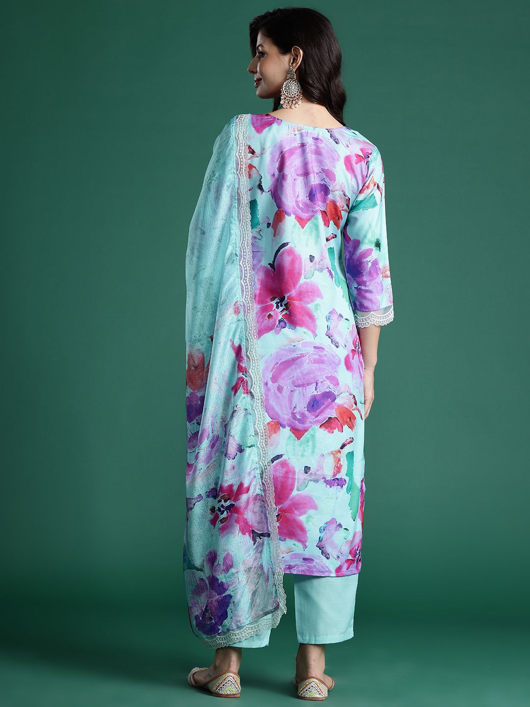 Dhiyona IE Floral Embroidered Empire Thread Work Kurta With Trousers & Dupatta