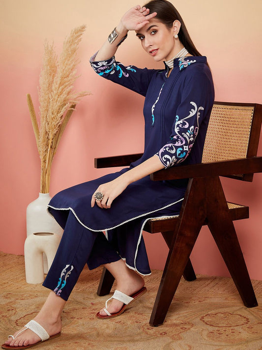 Dhiyona SN Women's Navy Blue Floral Embroidered Shirt Collar Straight Kurta & Trousers