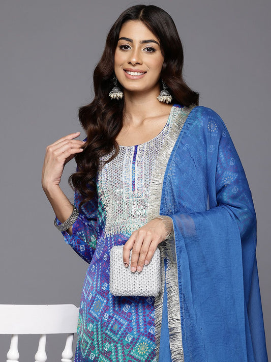 Dhiyona VA Women'sBandhani Embroidered Sequinned Silk Georgette Kurta With Trousers & Dupatta
