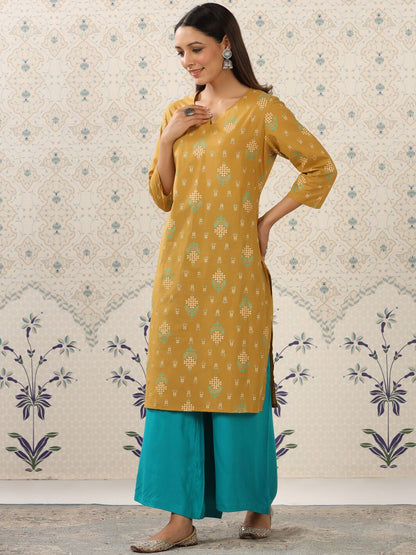 Dhiyona OD  Mustard Yellow & Teal Printed Pure Cotton Kurta with Palazzos
