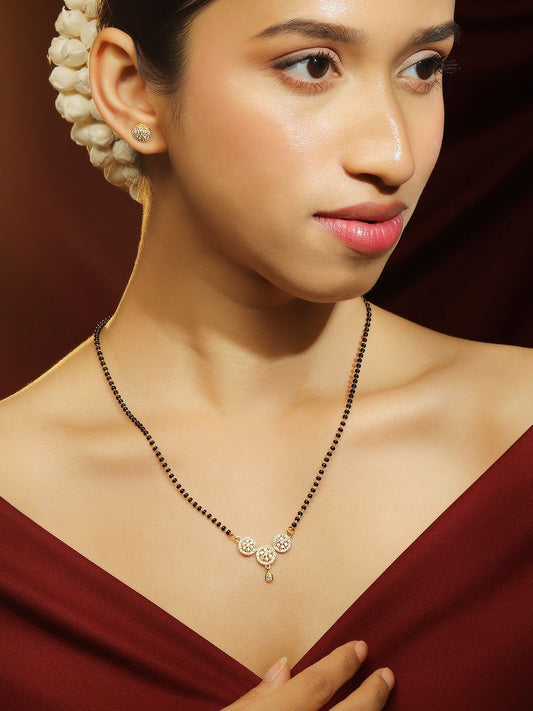 Dhiyona RJ Women's 18K Gold-Plated Cubic Zirconia Studded Circular Black Beads Chain Mangalsutra Set