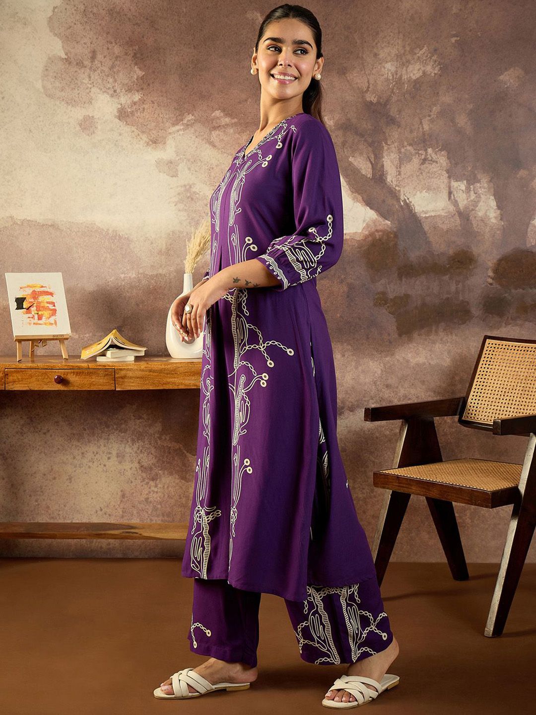 Women Printed Regular Beads and Stones Kurta with Palazzos