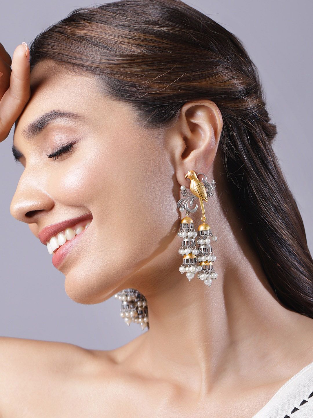 Dhiyona RJ Women's Women Oxidised Rhodium Plated White Pearls with Birds Multi Jhumka Earrings