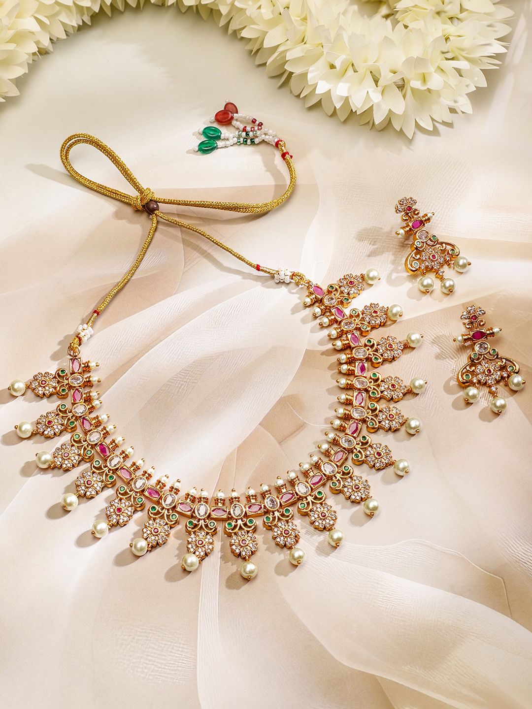 Dhiyona RJ Women's 22K Gold Plated Ruby Pink, Emerald & Cubic Zirconia Studded Jewellery Set