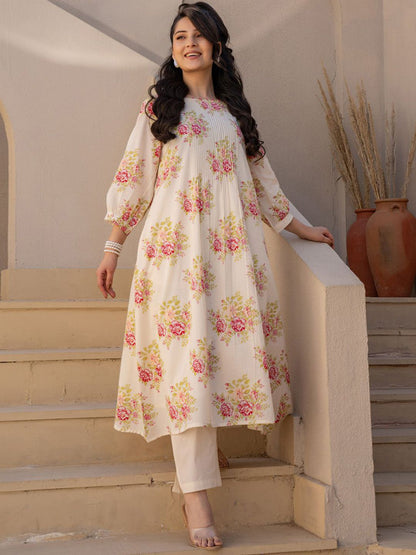 Dhiyona IE Floral Printed Pure Cotton Tunic With Trousers Co-Ords