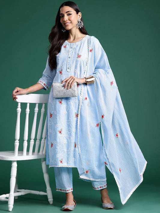 Dhiyona IE Women Ethnic Motifs Embroidered Regular Thread Work Pure Cotton Kurta with Trousers & With Dupatta