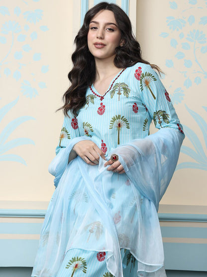 Dhiyona IS Women's Blue Ethnic Motifs Printed Mirror Work Pure Cotton Kurta With Trousers & Dupatta