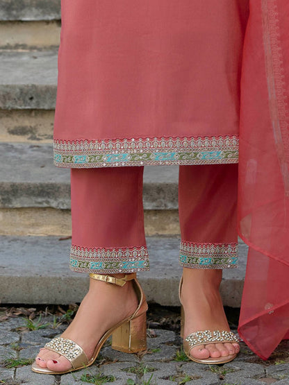 Ethnic Motifs Yoke Design Straight Kurta with Trousers & Dupatta