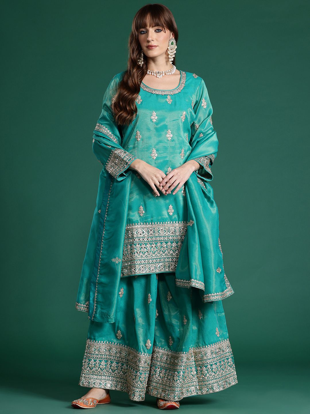 Ethnic Motifs Embroidered Sequinned Kurta with Palazzos & Dupatta