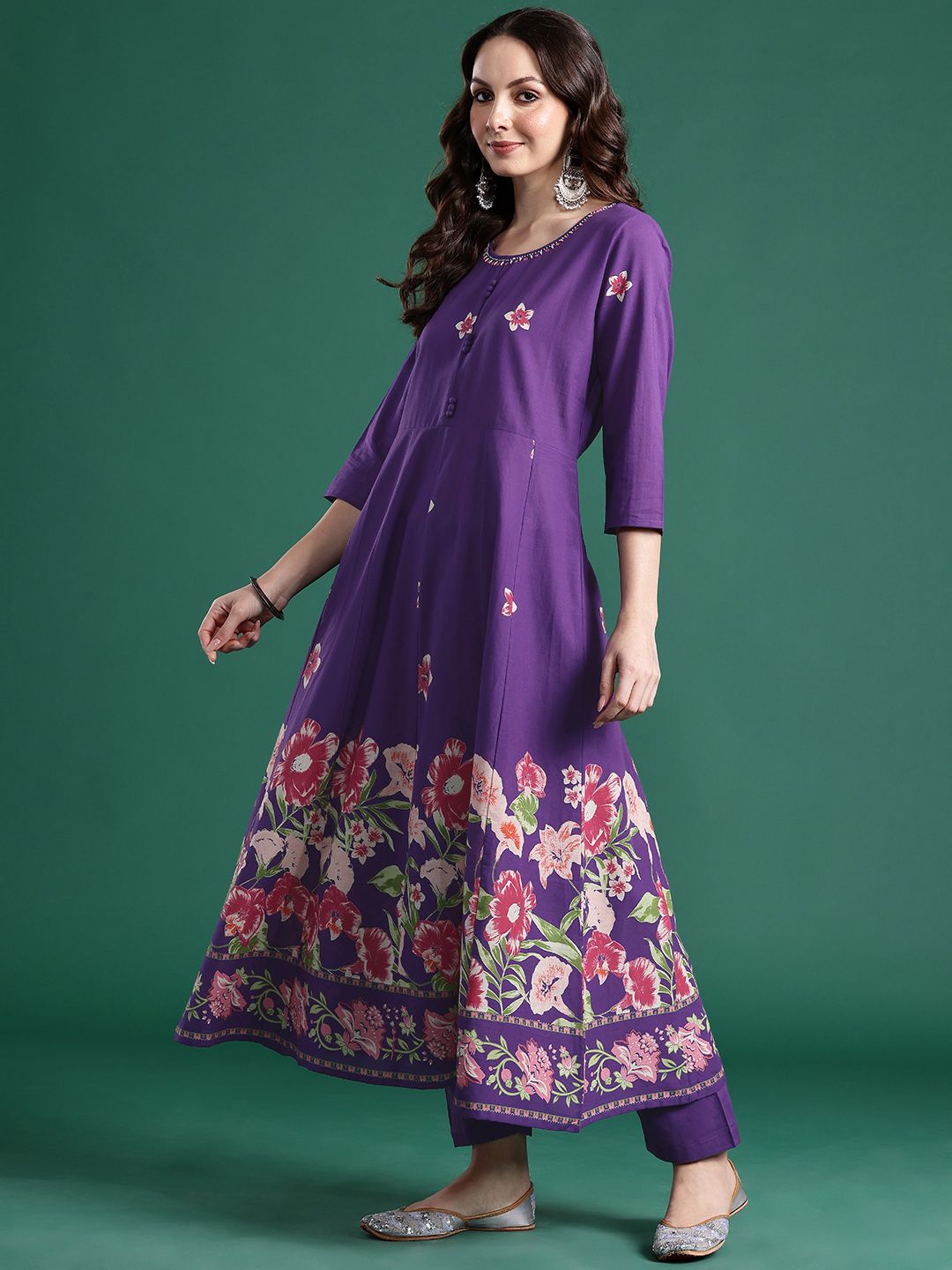 Dhiyona IE Floral Printed Mirror Work Pure Cotton Kurta With Trousers & Dupatta