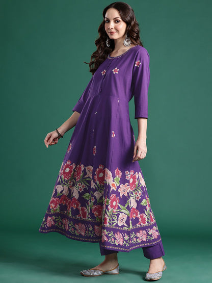 Dhiyona IE Floral Printed Mirror Work Pure Cotton Kurta With Trousers & Dupatta