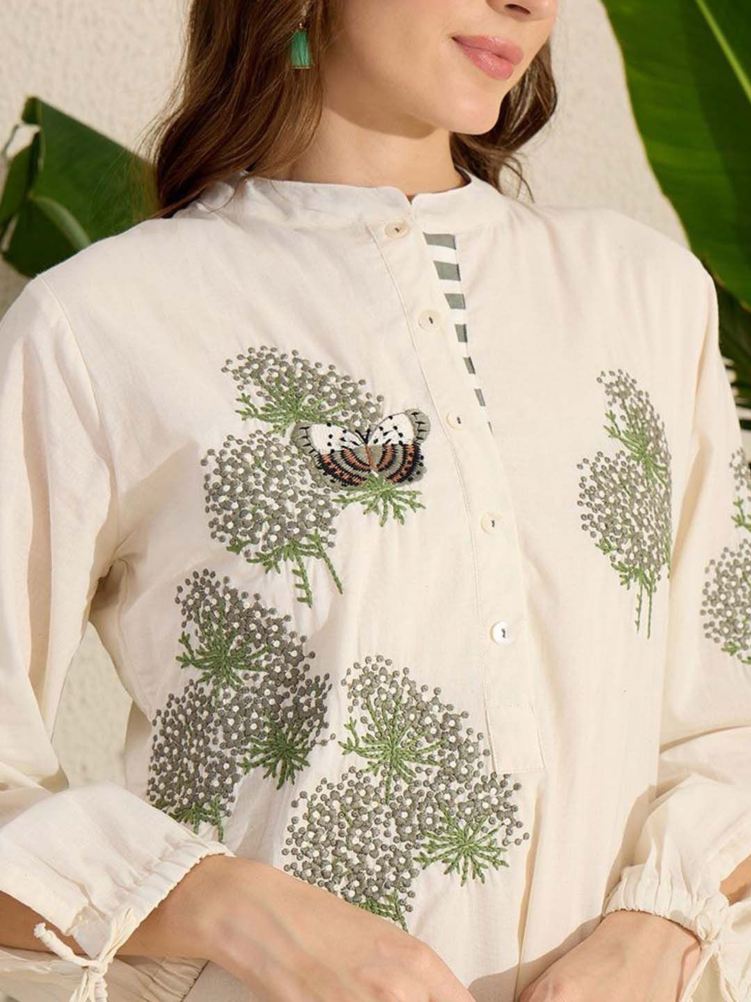 Dhiyona IE Floral Embroidered Mandarin Collar Straight Pure Cotton Tunic With Trouser