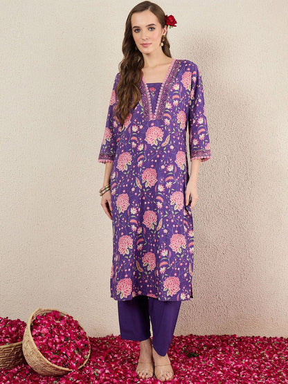 Dhiyona IE Women Floral Printed Cotton Kurta with Trousers & Dupatta