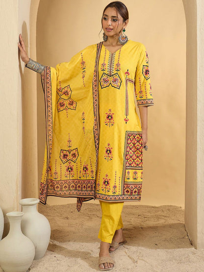 Dhiyona IE Ethnic Motifs Printed V-Neck Pure Cotton Straight Kurta With Trousers & Dupatta
