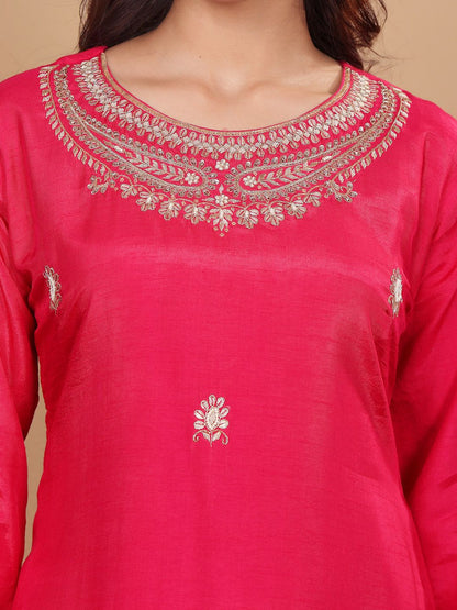 Dhiyona VA Women's Pink pure silk zardozi & floral embroidered kurta with trousers & dupatta