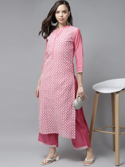 Women Pink Ethnic Motifs Embroidered Regular Kurta with Palazzos