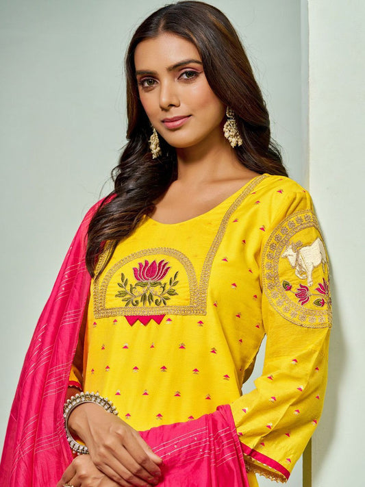 Dhiyona SN Women's Floral Embroidered Chanderi Cotton Straight Kurta With Trousers And Dupatta
