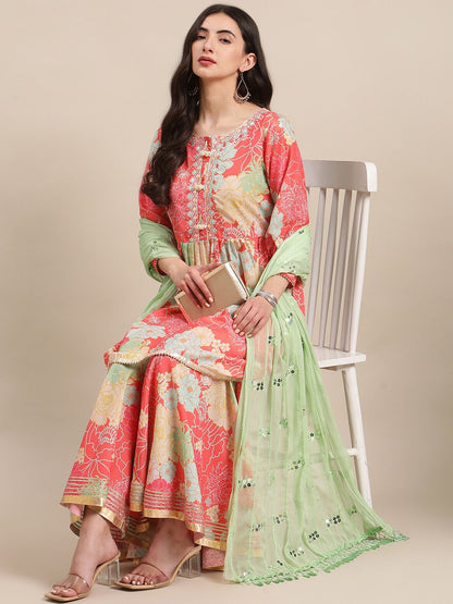 Dhiyona VA Women's Coral Floral Printed Empire Kurta with Sharara & With Dupatta