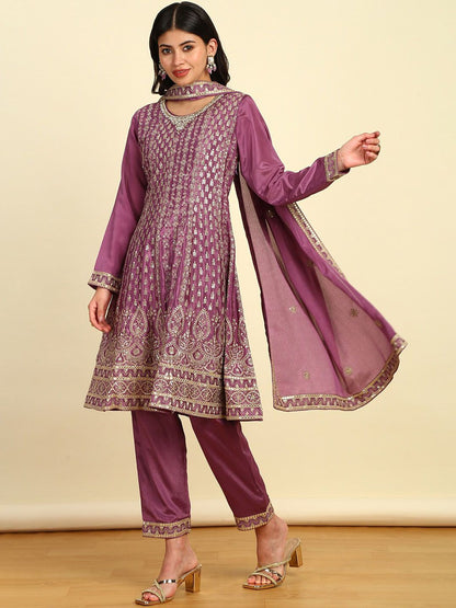Dhiyona SO Women's Women Floral Embroidered Angrakha Sequinned Kurta with Trousers & With Dupatta